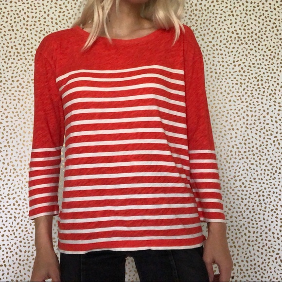 J. Crew Red Long Sleeve Stripe Boatneck Tee - Picture 2 of 7